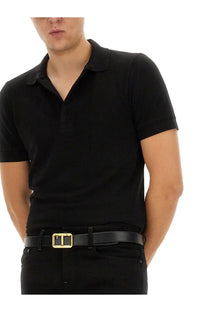 Tom Ford men’s piquet polo black with classic collar short sleeves and subtle textured weave fabric