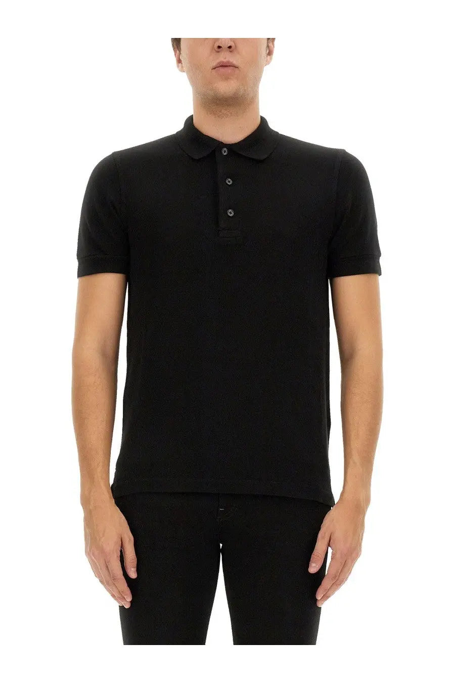 Tom ford men’s piquet polo black short-sleeved shirt with classic collar and three-button placket