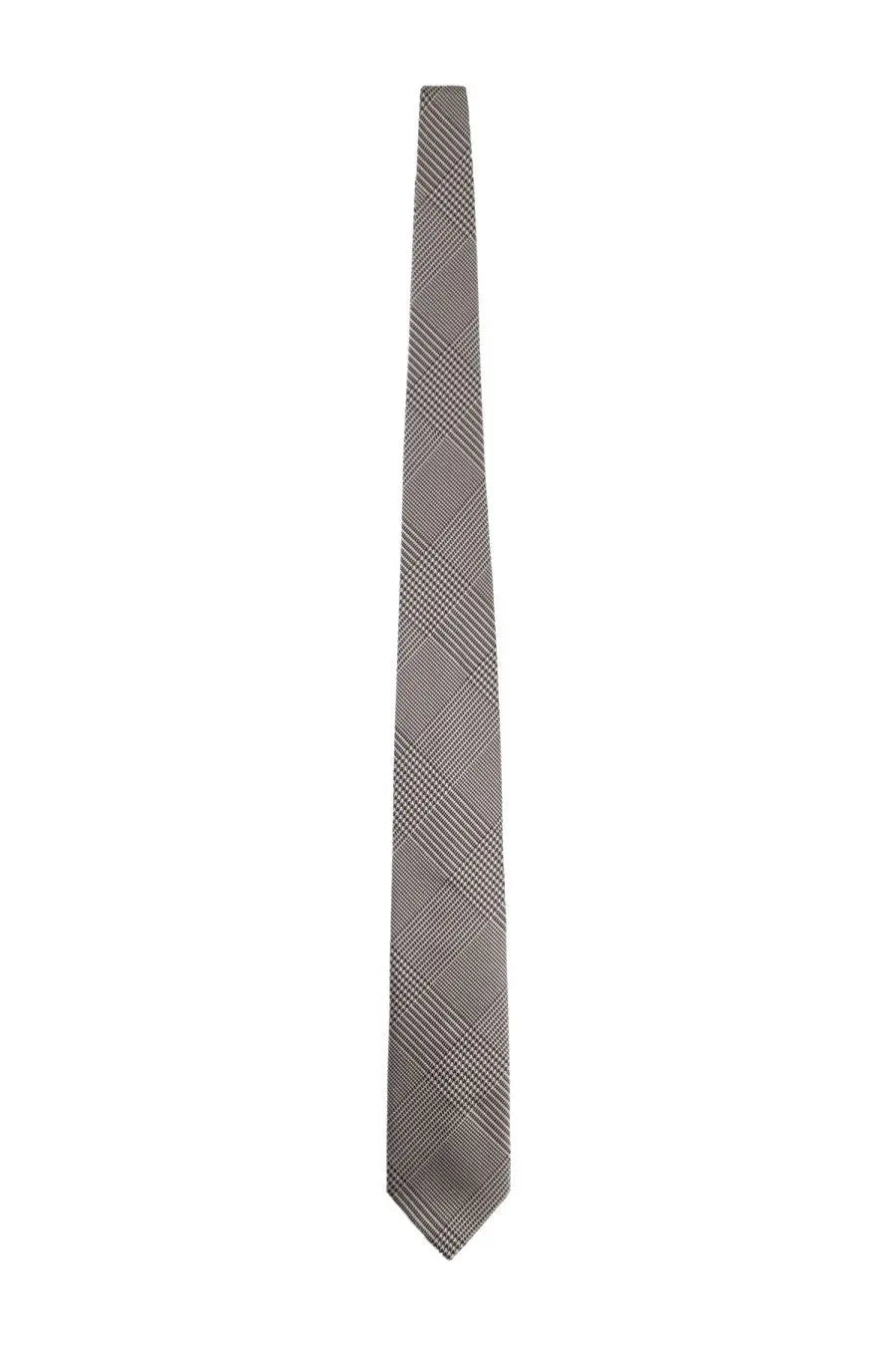 Tom Ford men’s printed silk tie in sleek gray plaid with subtle herringbone pattern crafted from fine woven fabric