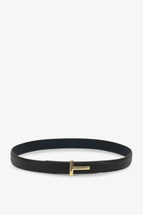 Tom Ford men’s reversible hammered leather belt in black with a gold-tone t-shaped buckle front view