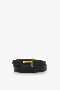 Tom Ford men’s reversible black leather belt with gold-tone t buckle and hammered texture