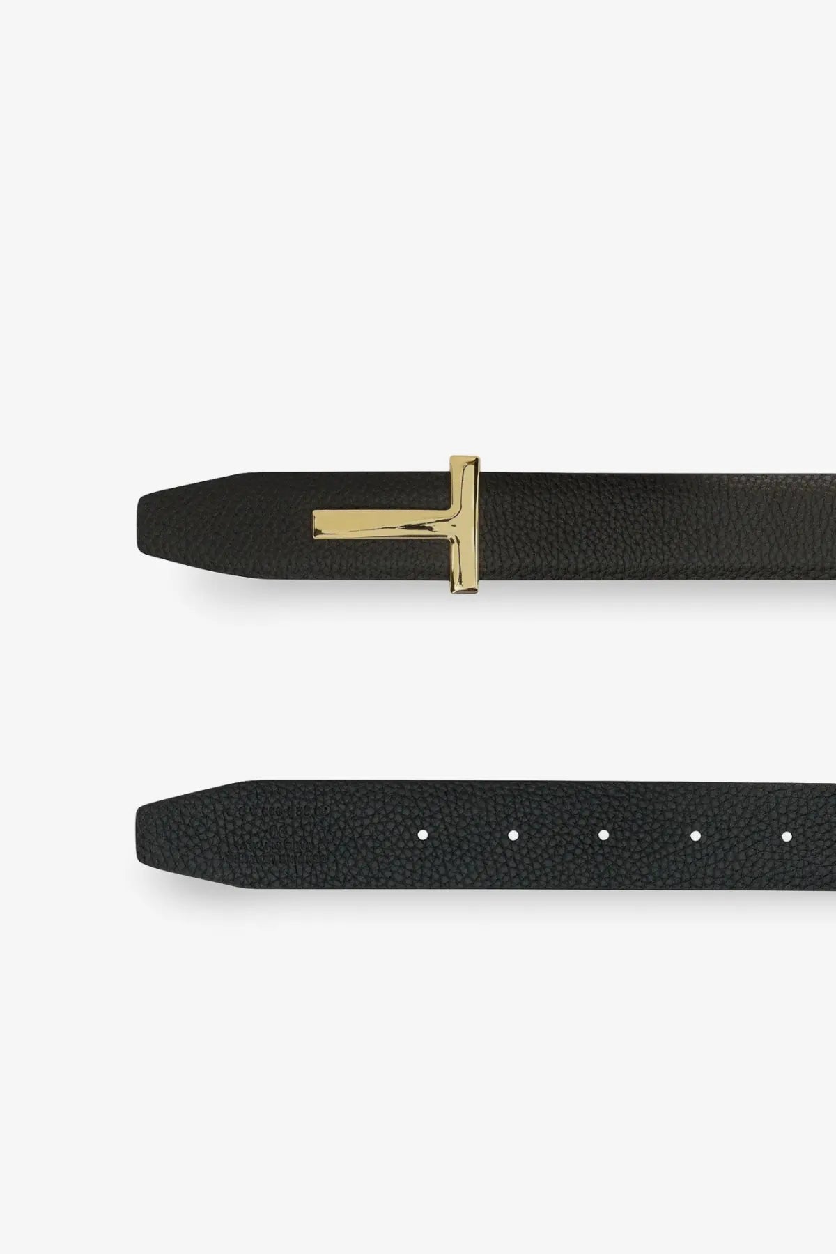 Tom Ford men’s reversible hammered black leather belt with gold-tone t-shaped buckle front view