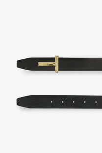 Tom Ford men’s reversible hammered black leather belt with gold-tone t-shaped buckle front view