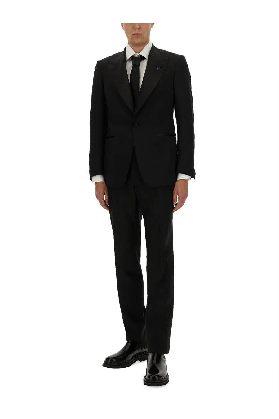 Tom ford men’s shelton dress black tailored suit features classic two-button design and peak lapels in high-quality fabric