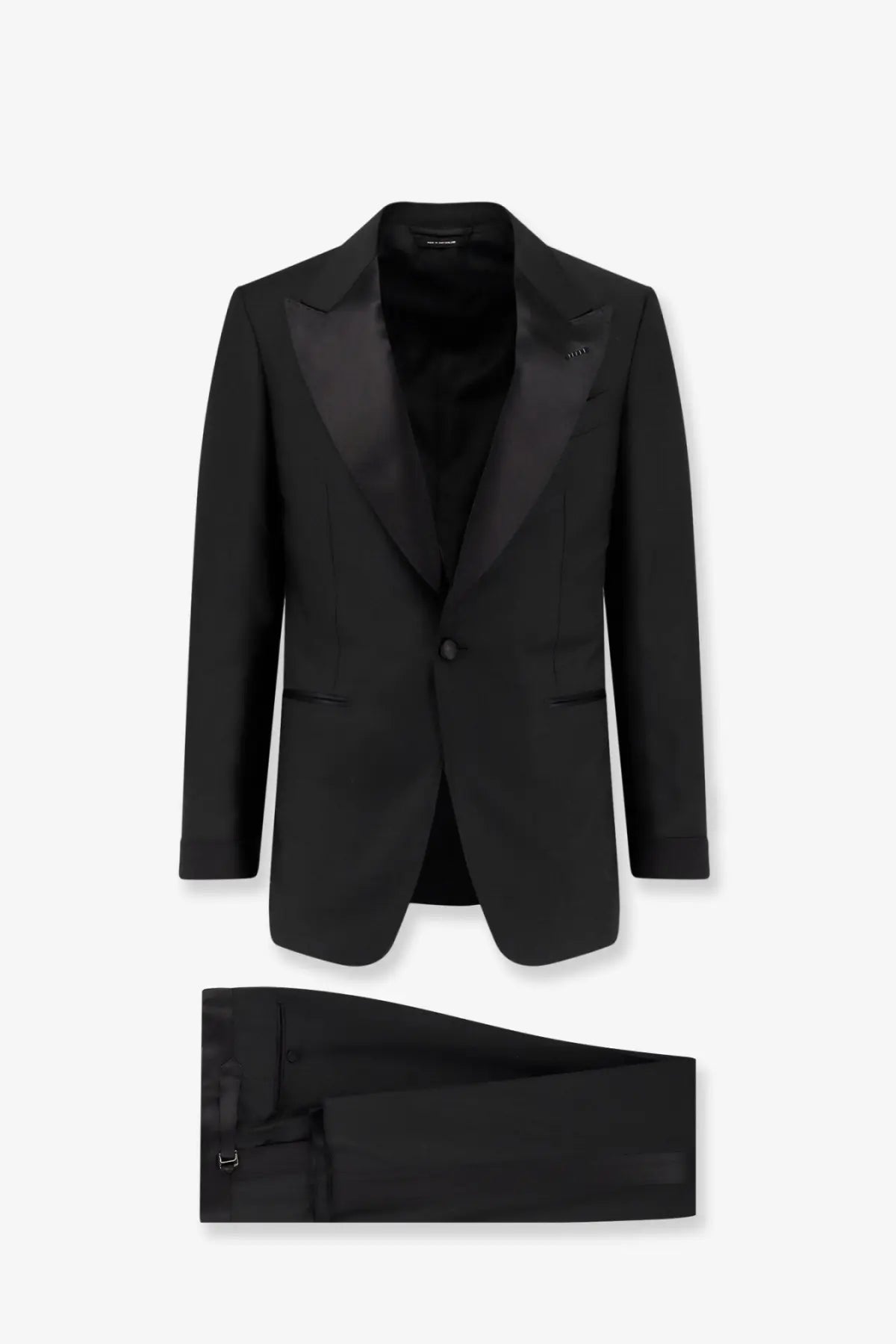 Tom Ford men’s Shelton stretch wool tuxedo black with satin lapels and matching tailored trousers