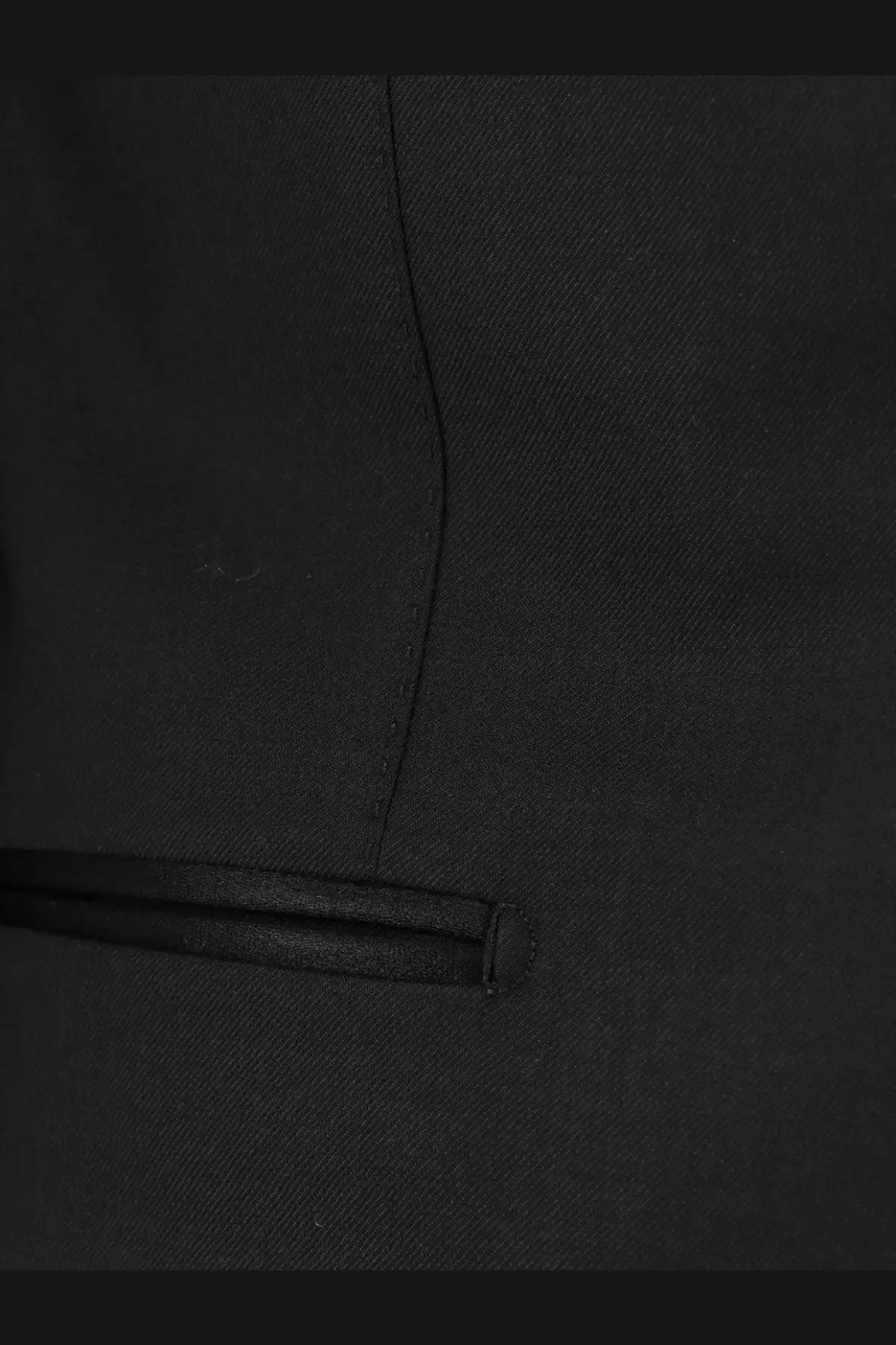 Black textured wool fabric with subtle diagonal weave and stitched pocket flap on tom ford men’s shelton stretch tuxedo