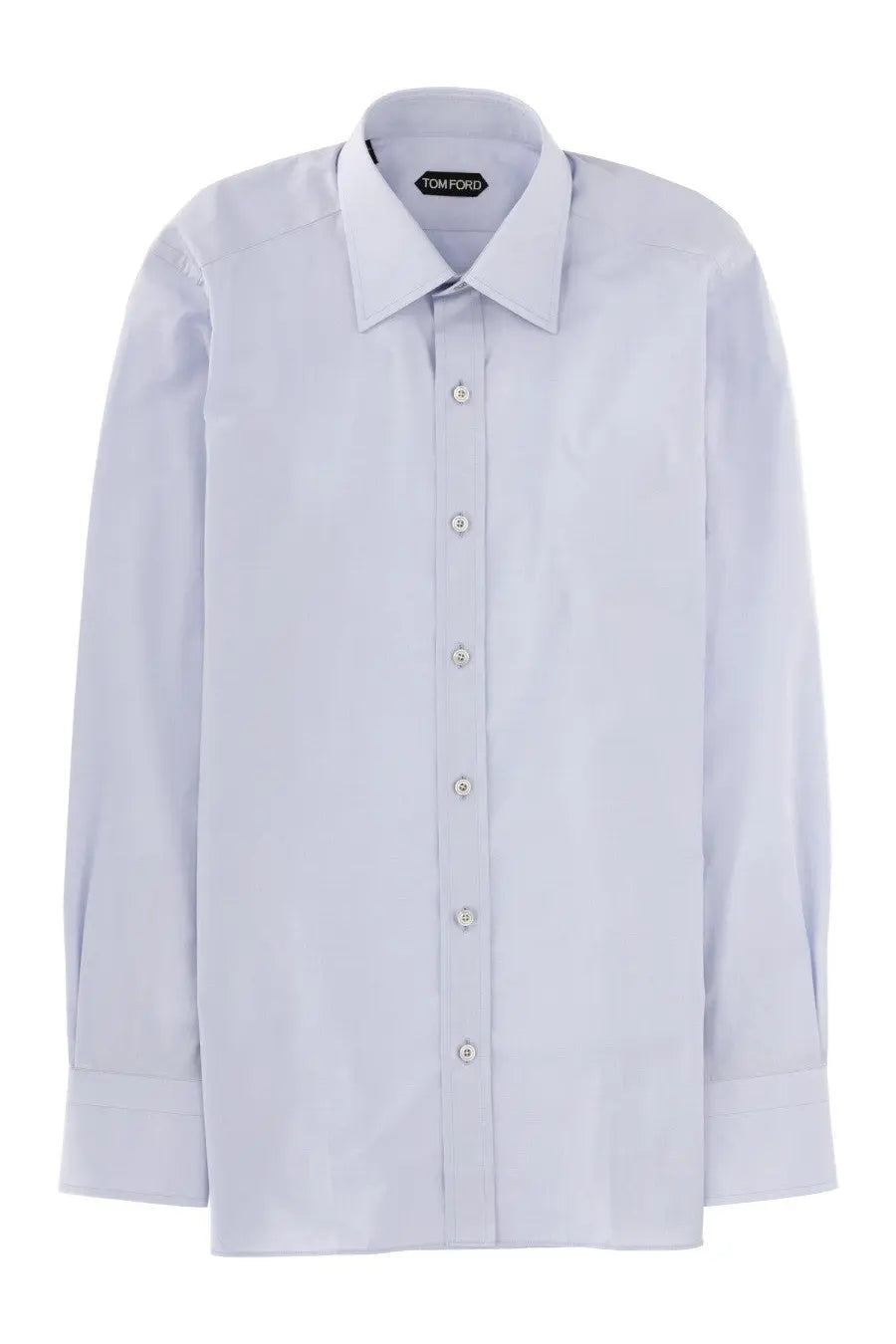 A crisp light blue tom ford men’s dress shirt with classic pointed collar and button-down front for formal wear