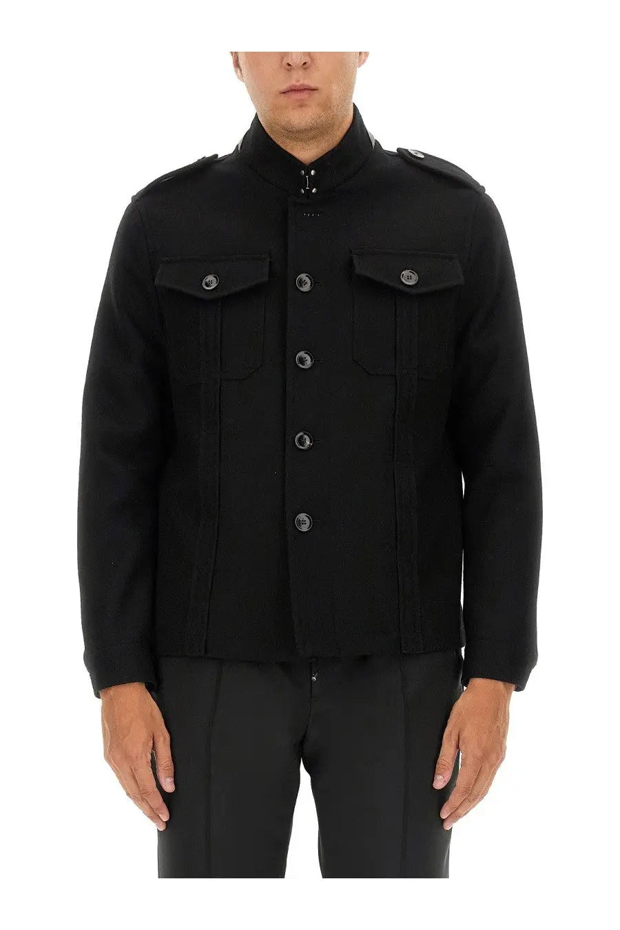 Tom Ford men’s black military-style shirt jacket with buttoned flap pockets and stand-up collar