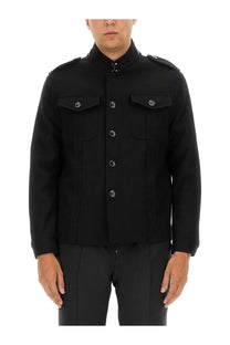 Tom Ford men’s black military-style shirt jacket with buttoned flap pockets and stand-up collar