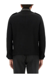 Tom Ford men’s shirt jacket black with subtle shoulder pads and contrasting dark gray collar in structured design