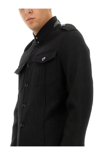 Tom Ford men’s black woolen military-style shirt jacket with buttoned flap pockets and structured collar