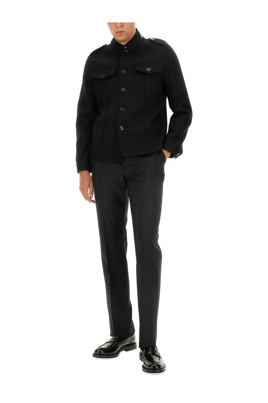 Tom Ford men’s black woolen shirt jacket with buttoned flap pockets and a stand-up collar military style