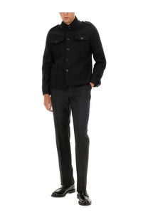Tom Ford men’s black woolen shirt jacket with buttoned flap pockets and a stand-up collar military style