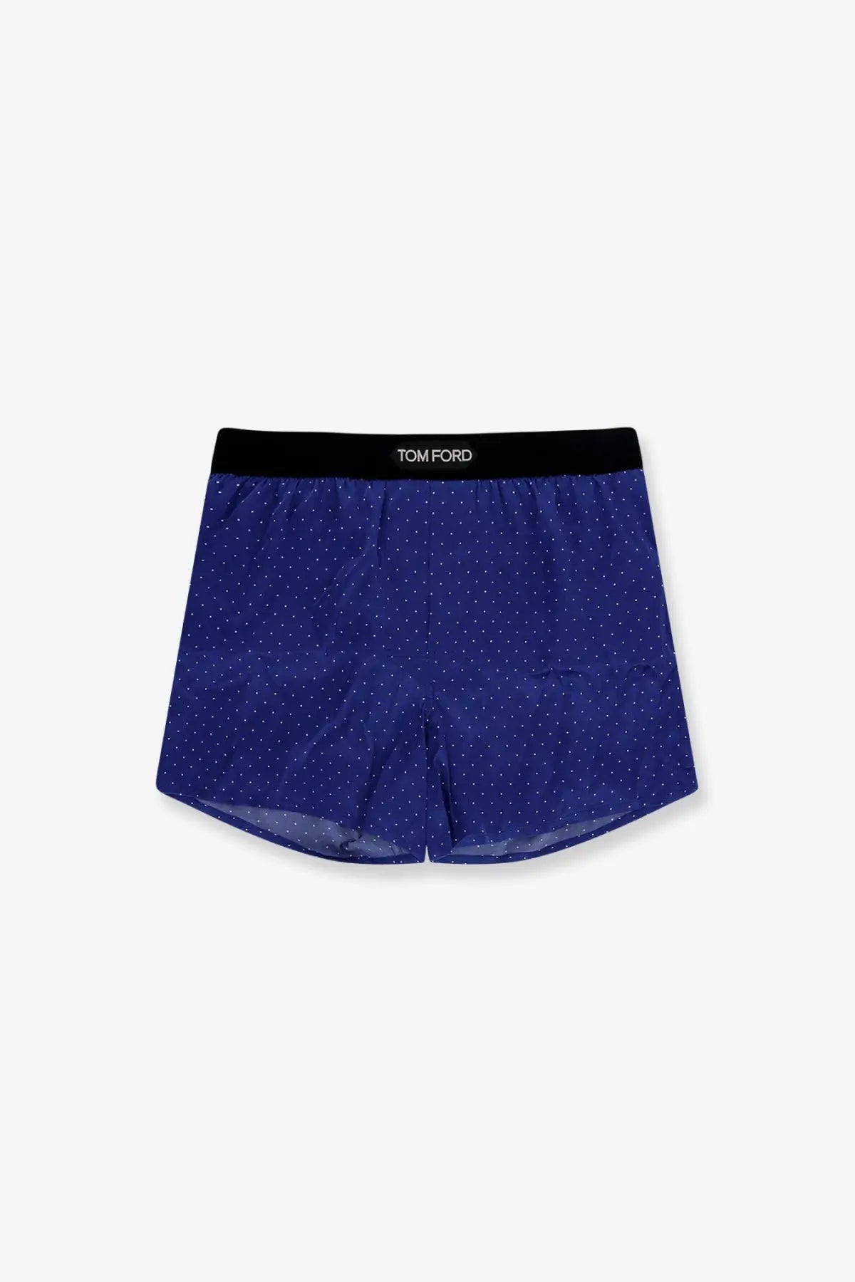 Tom ford men’s silk blend boxer briefs in navy blue with white polka dots and a black waistband