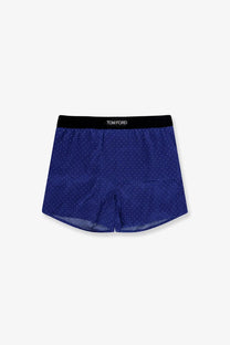 Tom ford men’s silk blend boxer briefs in navy blue with white polka dots and a black waistband