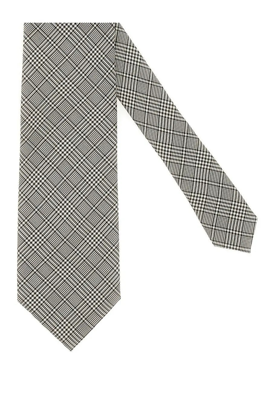 Tom Ford men’s silk tie in beige with a classic black and white houndstooth pattern and sharp tailored cut