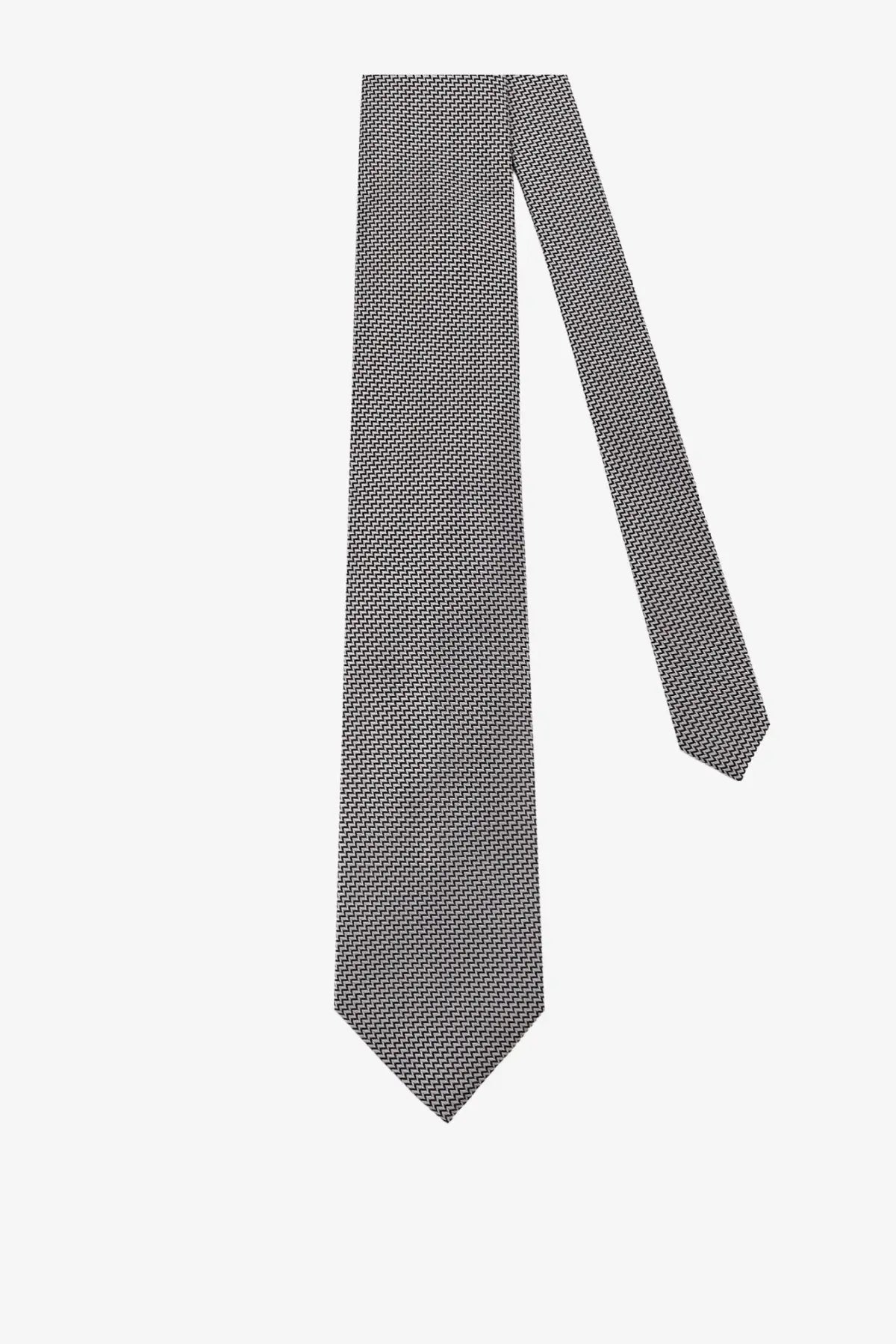 Tom Ford men’s silk tie in black with a sleek dark gray base and subtle lighter geometric pattern