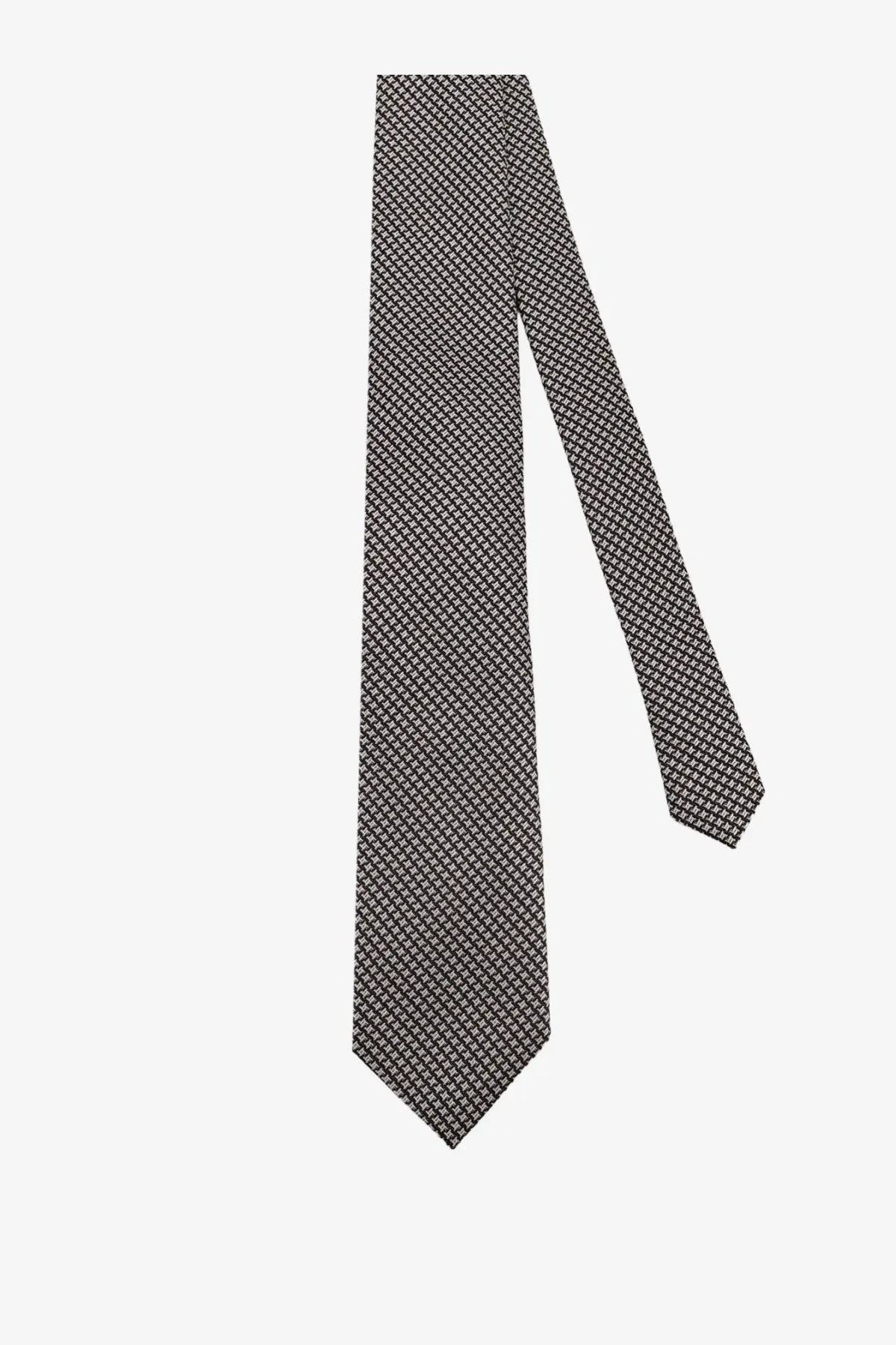 Tom Ford men’s silk tie black with a subtle light gray geometric pattern on fine woven fabric