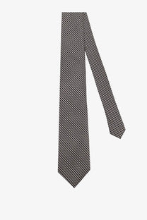 Tom Ford men’s silk tie black with a subtle light gray geometric pattern on fine woven fabric