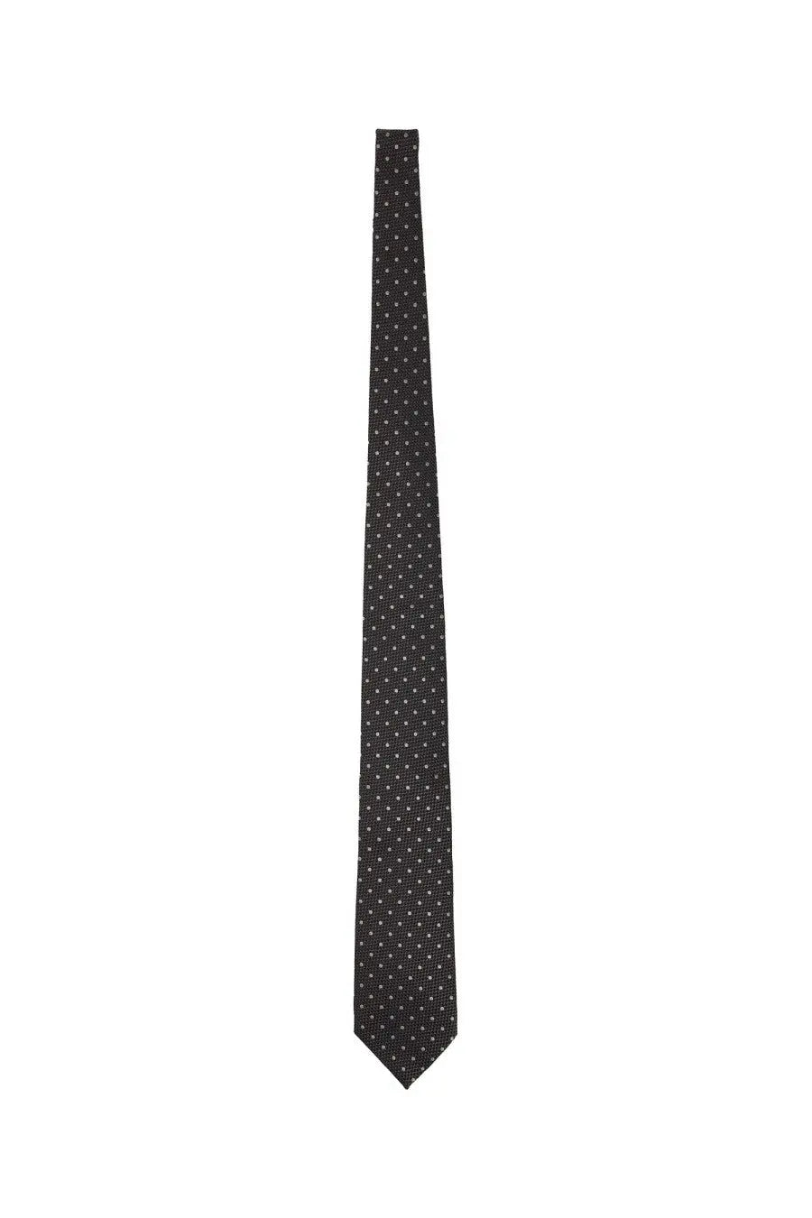 Tom Ford men’s silk tie in black with subtle white polka dots and grey tones for formal occasions