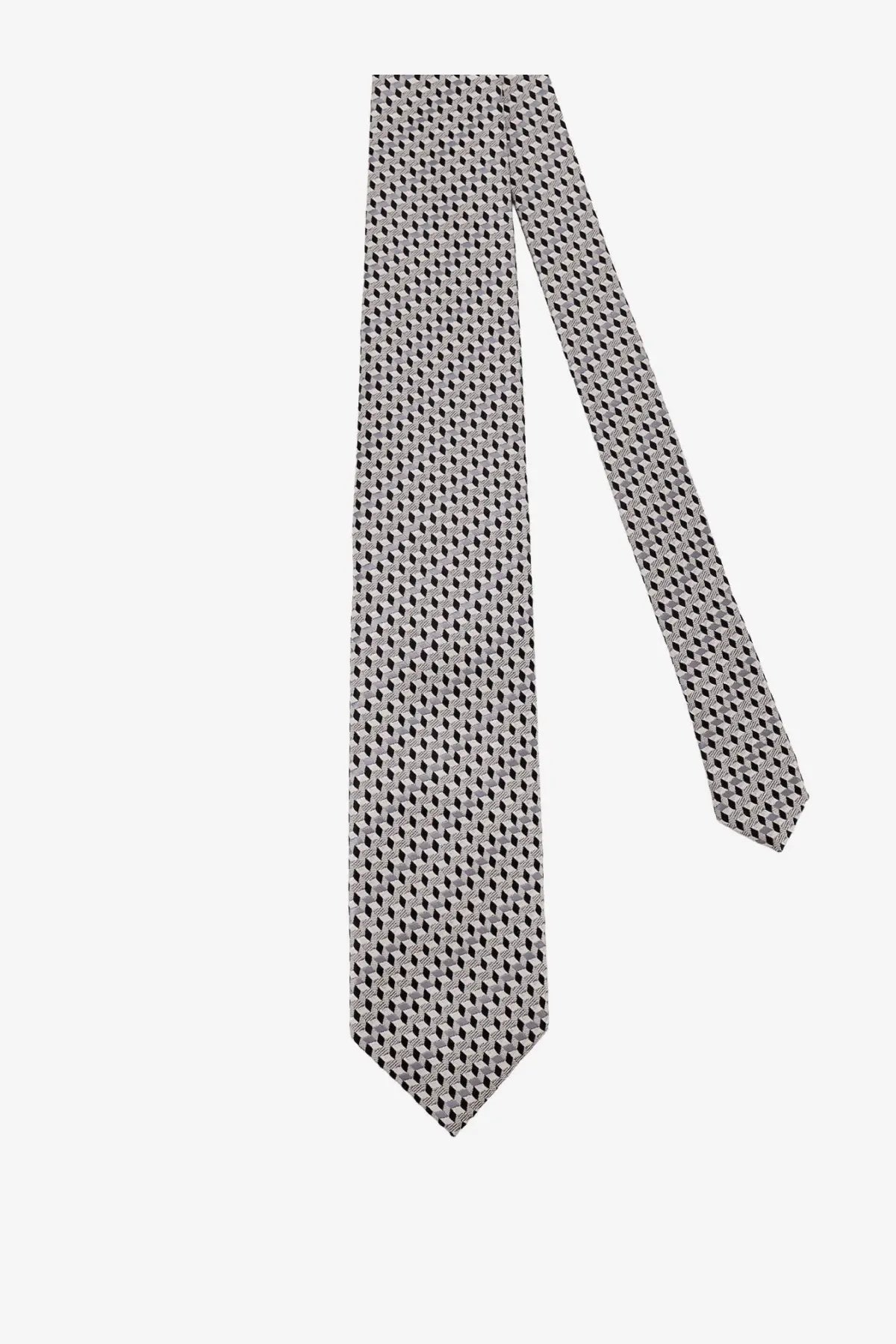 A sleek silver Tom Ford men’s silk tie with a subtle black geometric pattern in grey tones