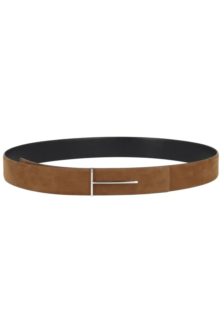 Tom Ford men’s slim belt beige tan suede with sleek silver-toned rectangular buckle featuring t logo