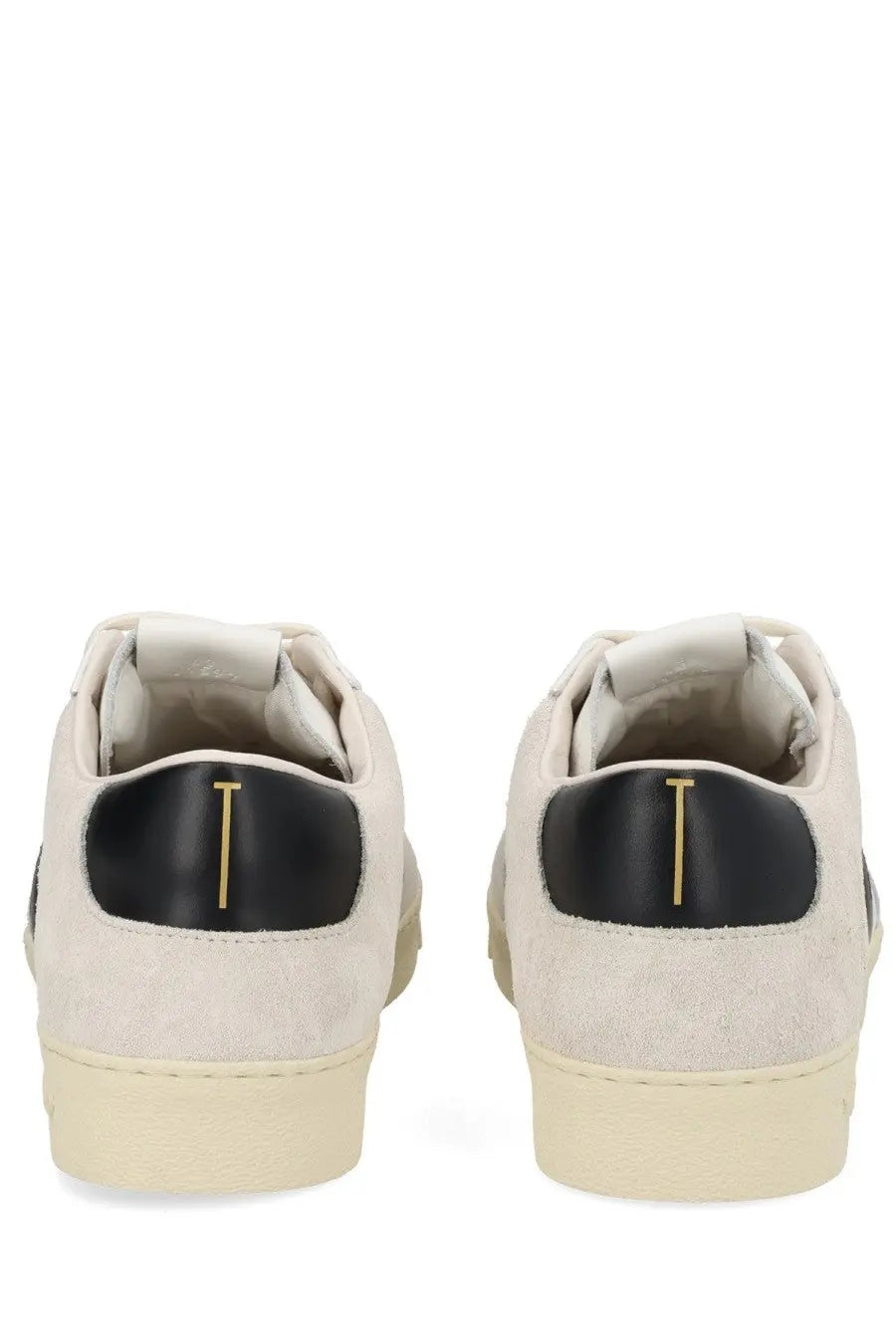 Tom Ford men’s beige suede low-top sneakers with black leather heel tabs and gold-tone t branding