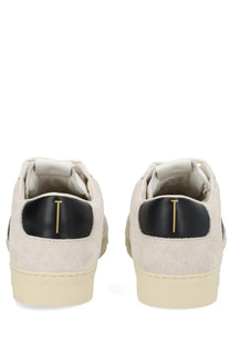 Tom Ford men’s beige suede low-top sneakers with black leather heel tabs and gold-tone t branding