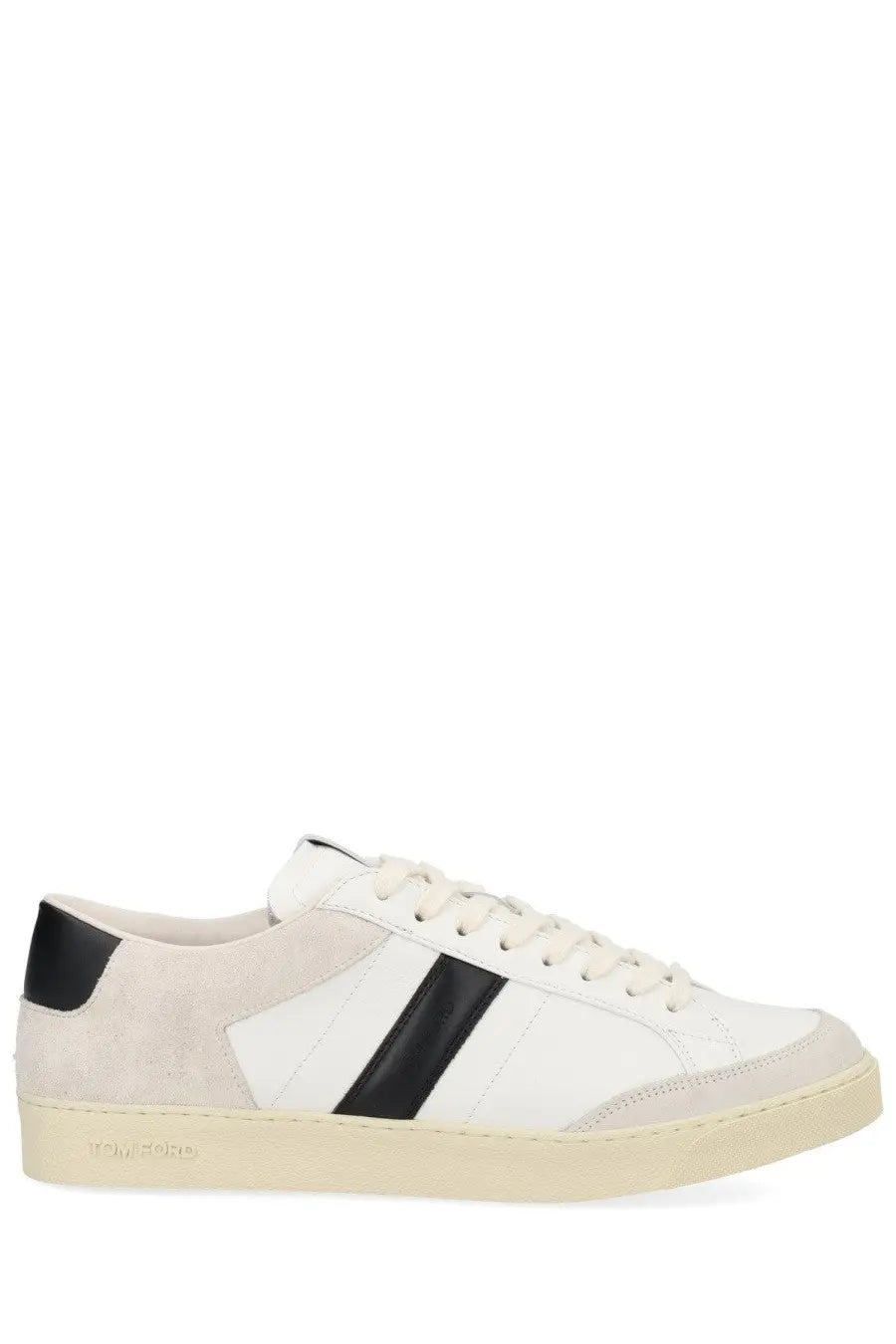 Tom Ford men’s sneaker beige with white and black suede and a sleek minimalist design