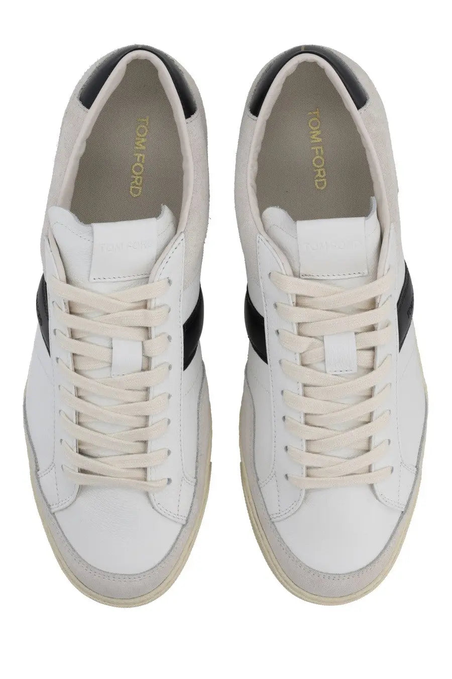 Tom Ford men’s sneaker beige white leather with black side stripes and cream colored laces