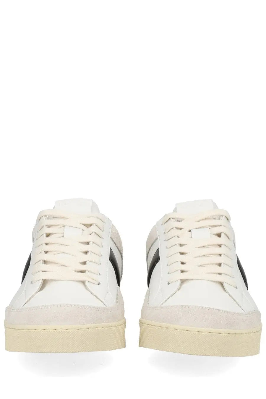 Tom Ford men’s sneaker beige low-top white leather with black side stripes and beige rubber sole