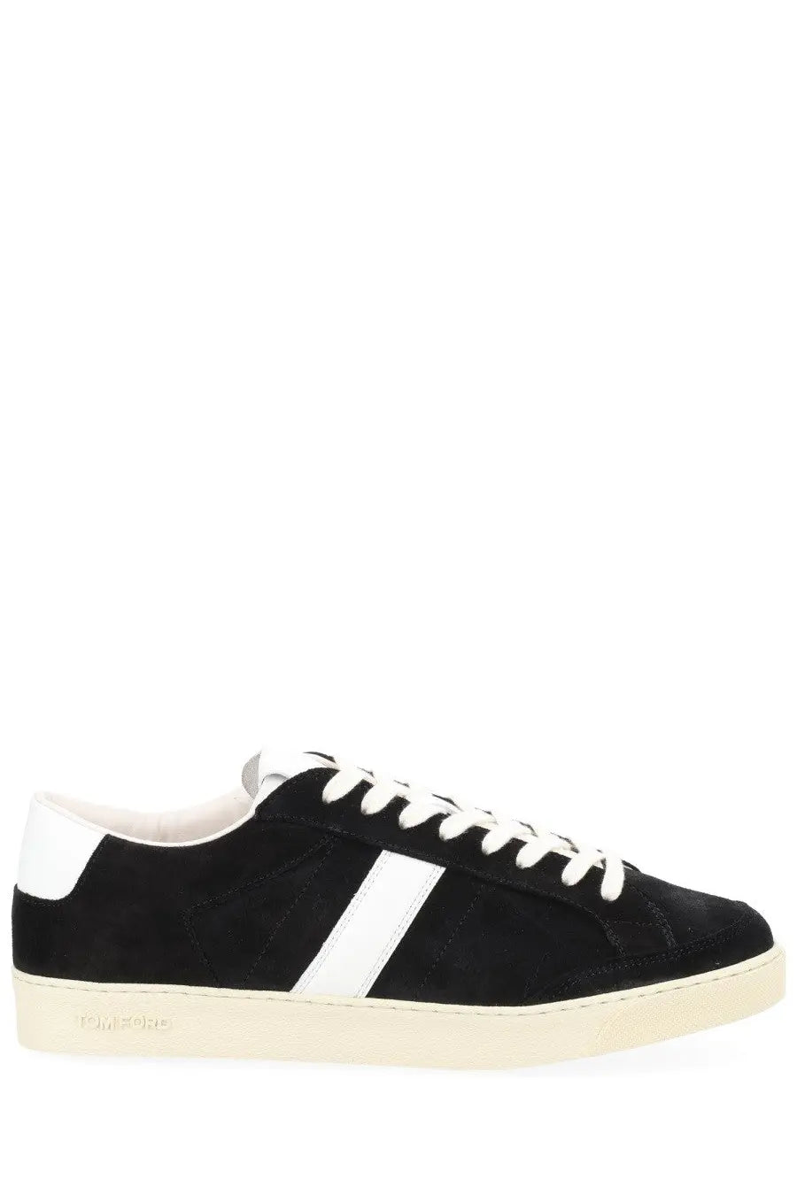 Tom Ford men’s sneaker black low-top in suede with a bold white stripe cream rubber sole and matching laces