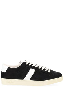Tom Ford men’s sneaker black low-top in suede with a bold white stripe cream rubber sole and matching laces