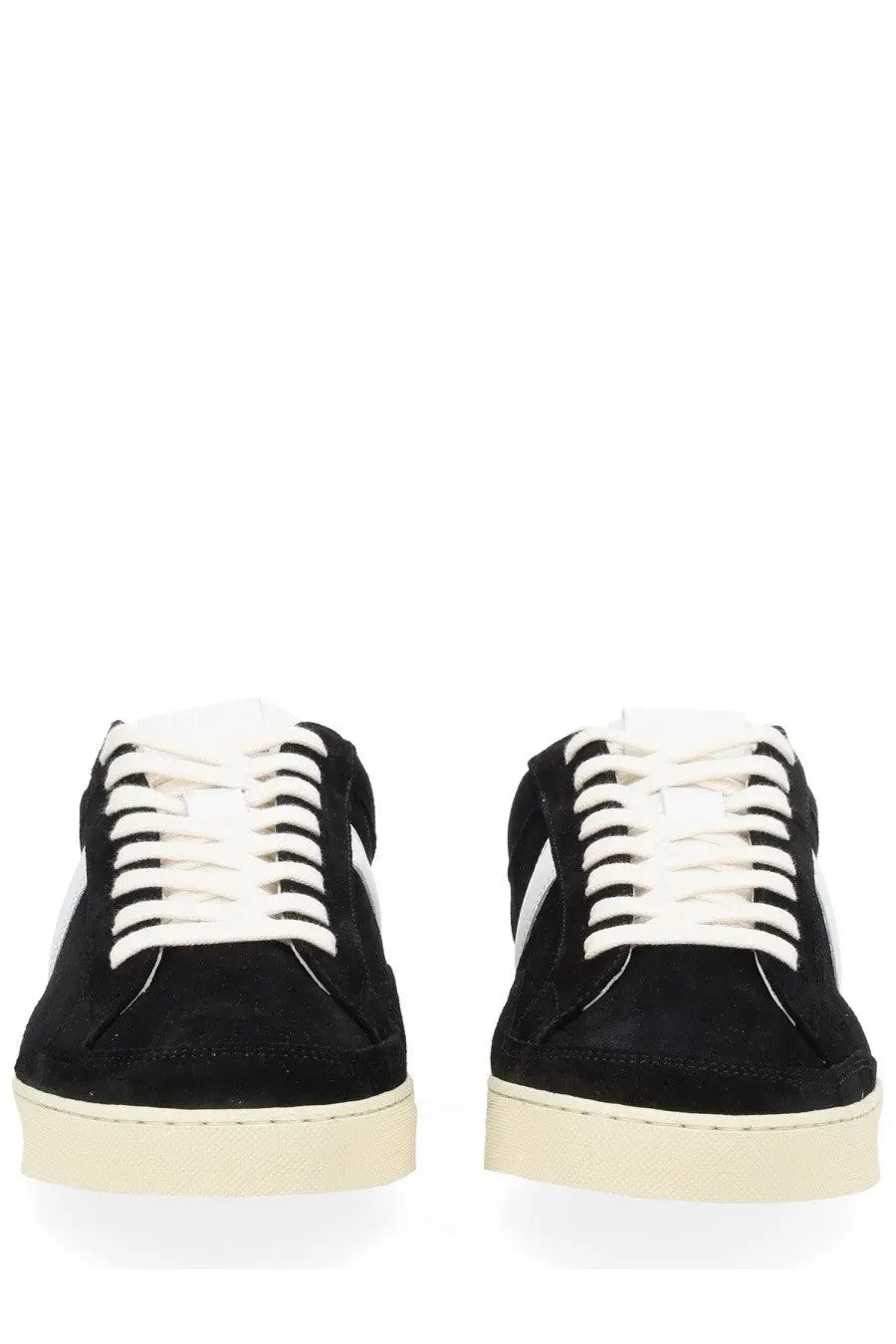 Tom Ford men’s sneaker black low-top black suede with white laces and cream rubber sole front view