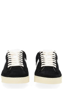 Tom Ford men’s sneaker black low-top black suede with white laces and cream rubber sole front view