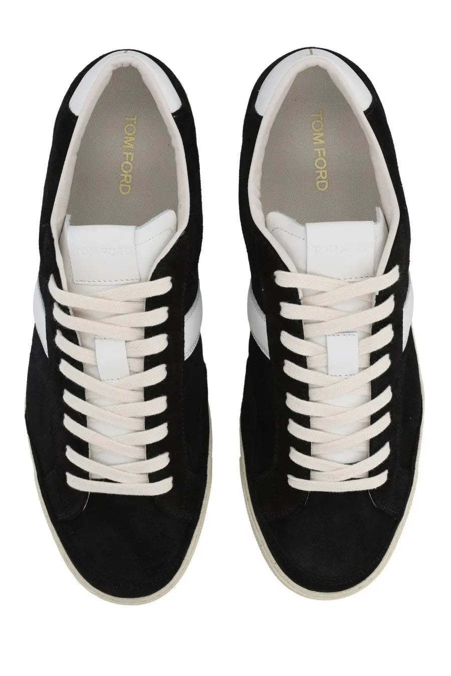 Tom Ford men’s sneaker black suede with white laces and side stripes for stylish casual wear