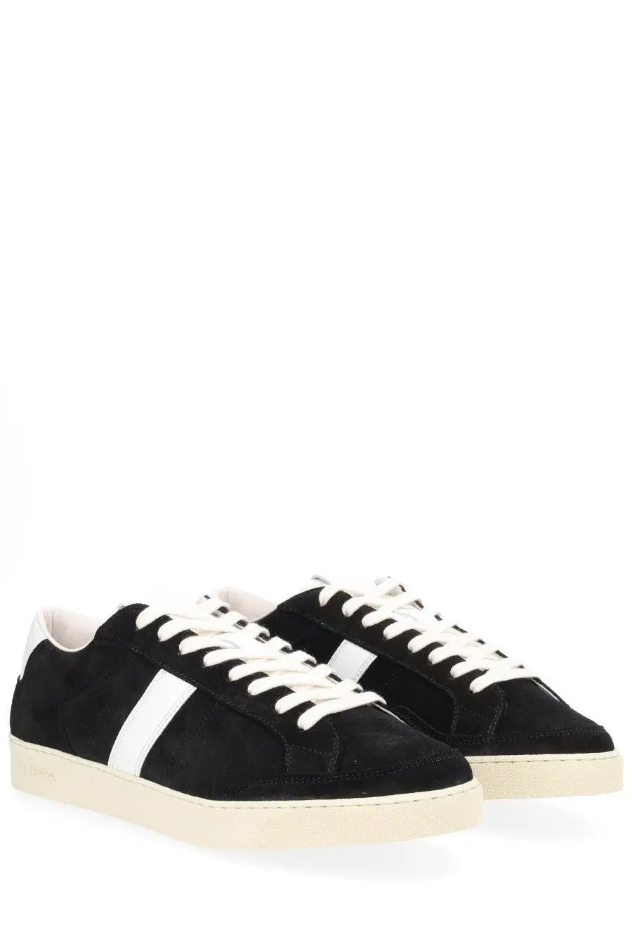 Tom Ford men’s black suede sneakers with bold white stripe cream rubber soles and matching laces