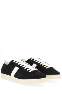 Tom Ford men’s black suede sneakers with bold white stripe cream rubber soles and matching laces