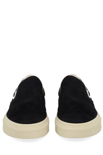 Tom Ford men’s sneaker Jude black slip-on in black suede with cream rubber sole and white logo accents