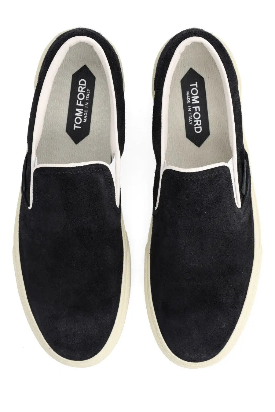Tom Ford men’s sneaker Jude black slip-on sneaker in black suede with white rubber sole and interior branding