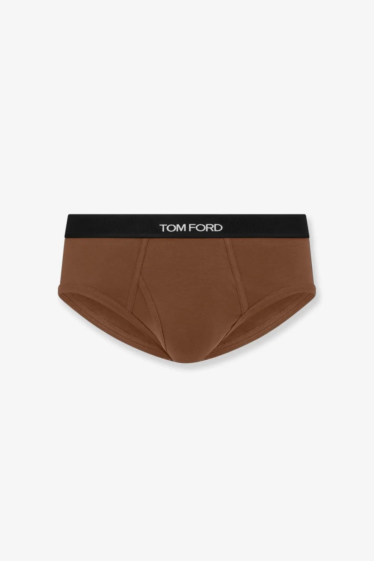 Tom Ford men’s stretch cotton briefs in beige with a black waistband featuring the brand logo in white