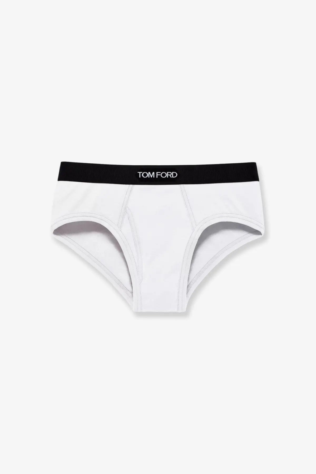 Tom ford men’s stretch cotton briefs in white with a black waistband featuring the brand logo in white lettering