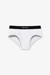 Tom ford men’s stretch cotton briefs in white with a black waistband featuring the brand logo in white lettering
