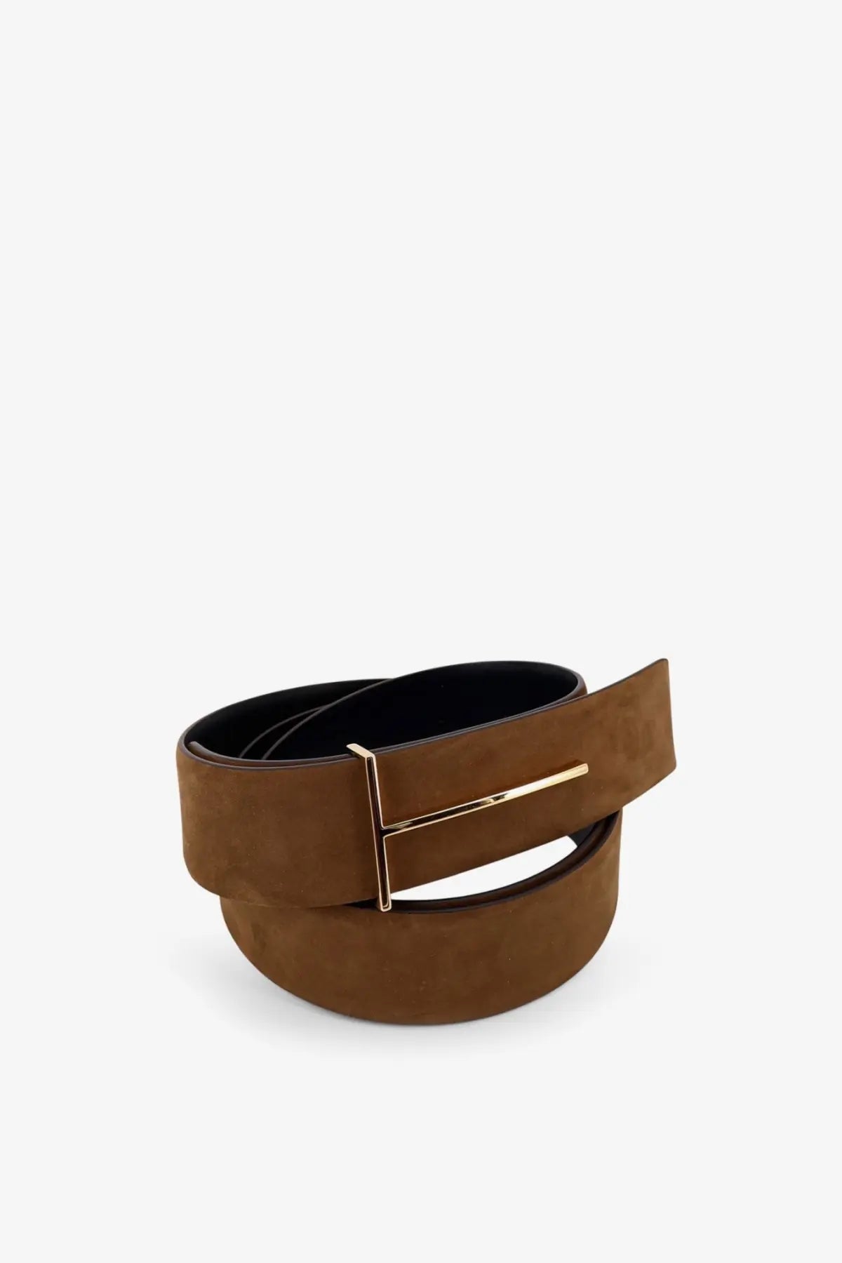 Tom Ford men’s suede belt brown with gold-tone rectangular buckle featuring the iconic t-shaped logo