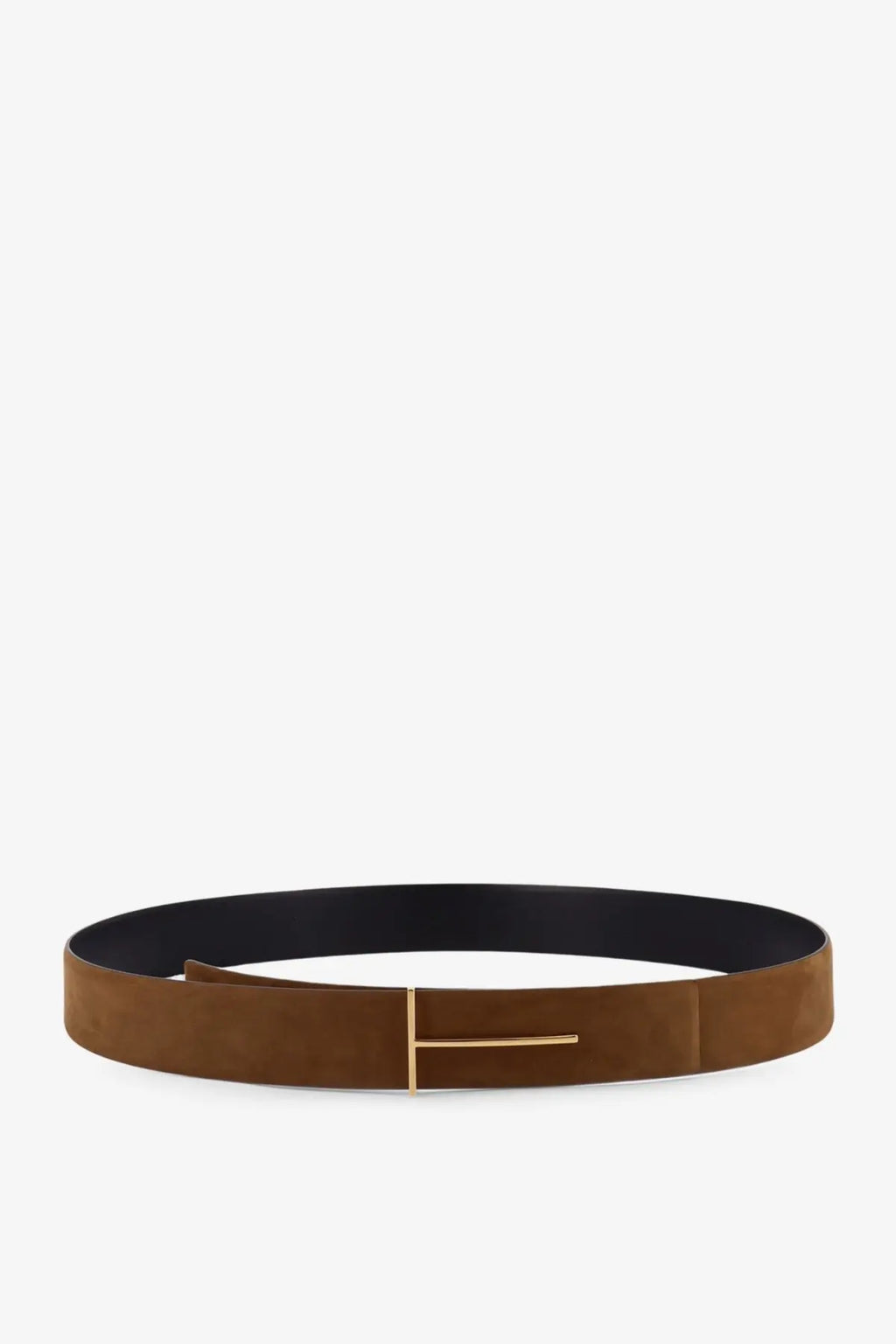 Tom Ford men’s suede belt in brown with a minimalist gold tone buckle featuring the iconic t logo