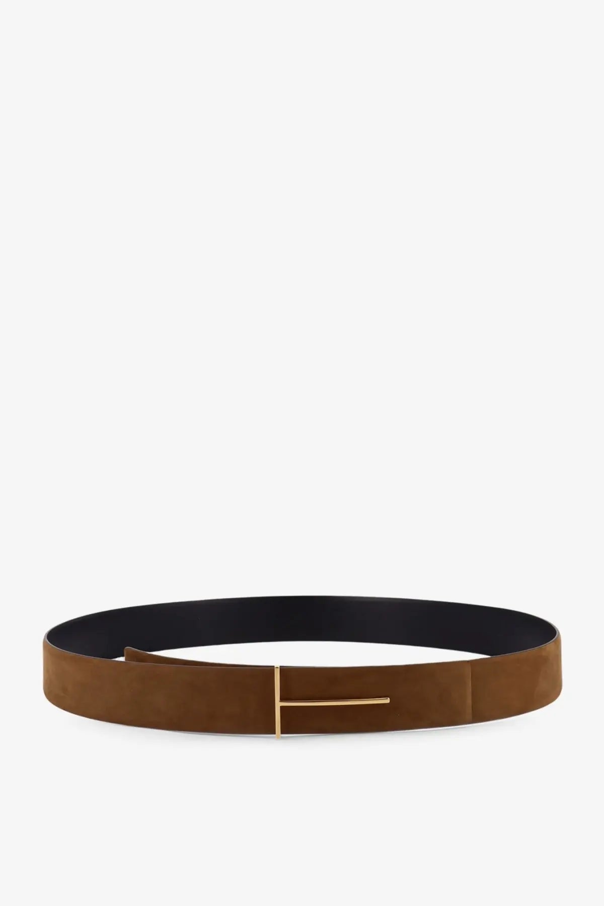 Tom Ford men’s suede belt in brown with a minimalist gold tone buckle featuring the iconic t logo