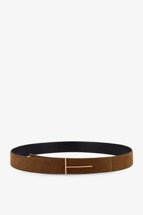 Tom Ford men’s suede belt in brown with a minimalist gold tone buckle featuring the iconic t logo
