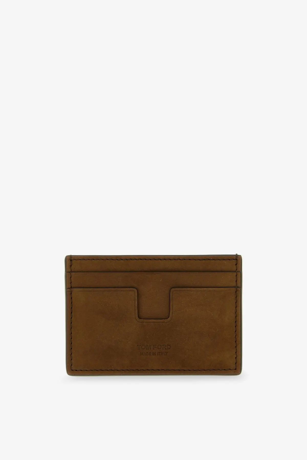 Tom Ford men’s suede card holder in brown leather with minimalist design and subtle stitching
