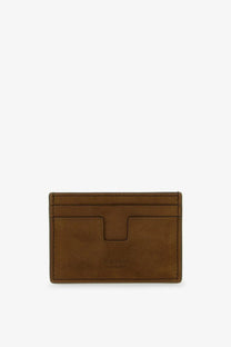 Tom Ford men’s suede card holder in brown leather with minimalist design and subtle stitching