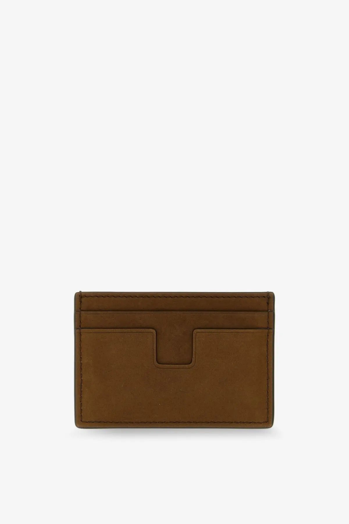 Tom Ford men’s suede card holder in brown leather with minimalist design and stitched edges
